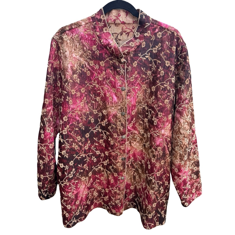 Vintage Art to Wear Boho Brocade Reversible Floral Tapestry Band Collar Jacket